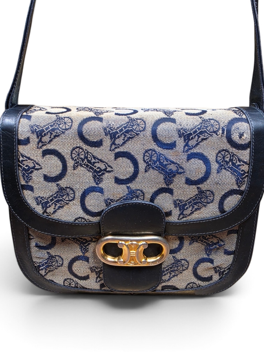 Vtg. CELINE C Sulky Horse & Carriage Jacquard Navy Canvas Purse (Retail $1500+) - Picture 3 of 17